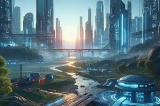 create sci fi or cyberpunk landscape artwork