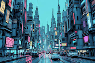 draw illustration of futuristic cyberpunk city art