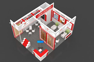 design 3d trade show booth,kiosk, virtual event lobby, exhibition backdrop, tent