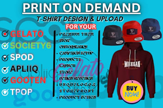 setup and upload design in gelato, society6, spod, apliiq, gooten, tpop stores