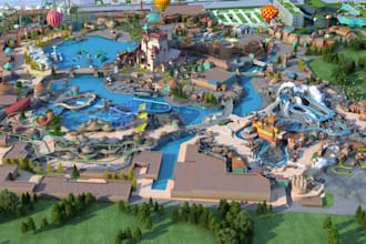 design realistic 3d amusement park, swimming pool, funfair, recreation center