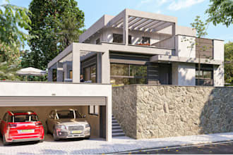 3d country house design,interior render, front,backyard with golf space, outdoor