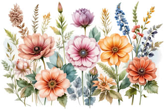 watercolor botanical illustrations of flowers and plants