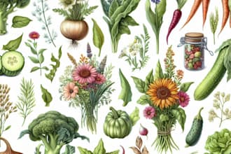 paint watercolor botanical illustration of flowers, plants, fruits