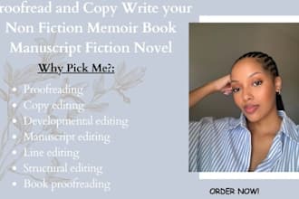 proofread and copy write your non fiction memoir book manuscript, fiction novel