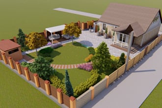 custom 3dlandscape design, backyard, garden, pool, outdoor, pergola birdeye view