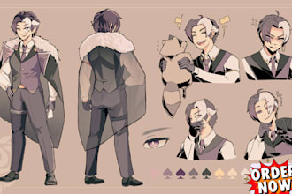 draw character reference sheet for your oc ref sheet, vtuber, furry art design