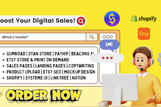 setup and optimize your etsy, gumroad, stan store, payhip, shopify, tiktok shop
