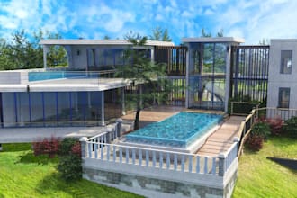 retouch 3d modern villa facade,landscape pool,outdoor garden,patio,cgi rendering