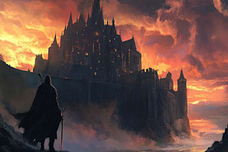 do an epic fantasy artwork with monsters, dragons, castles