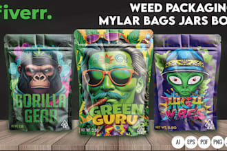 design unique weed pouch, mylar bag, jar, and cbd product packaging label