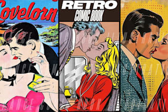 draw romance comic book illustration,sci fi,fantasy book cover retro vintage art