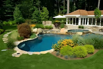 create 3d render for landscape design, backyard, garden, patio, pool exterior