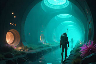 create sci fi or cyberpunk landscape artwork