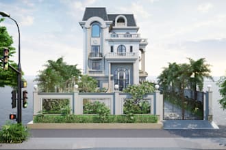 elevation 3d classic villa,garden decor,timeless kitchens room, cozy dining room