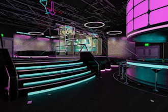 do cgi interior design, nightclub, bar, restaurant with photorealistic rendering