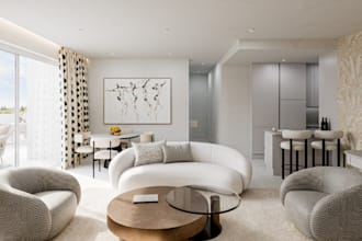 model cozy interior design, living room, terrace, 3d floor plan, exterior layout