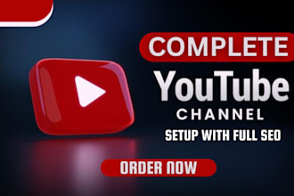 create, setup youtube channel with logo, banner art, intro, outro with full SEO