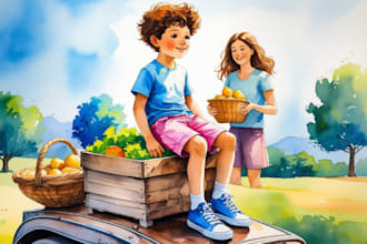 draw watercolor children book, children coloring book and KDP book cover design