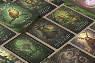 tarot card game design, oracle card illustration, card box mockup, tcg card deck