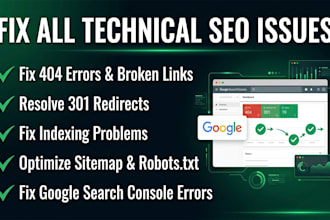 resolve 301 redirects, 404 errors, indexing, and all technical SEO problem