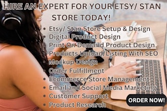 etsy shopify store creation, setup, etsy pod SEO listings, etsy digital product