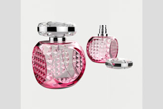 cgi fragrance bottle design, 3d perfume bottle animation, and brand label design