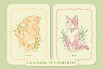 create a custom pet portrait, dog, cat, in a charming style