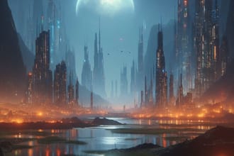 create sci fi or cyberpunk landscape artwork
