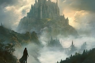 draw an epic fantasy artwork with monsters, dragons, castles