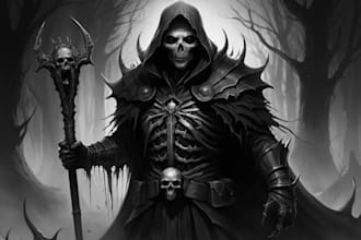 create dark horror fantasy character art in black and white