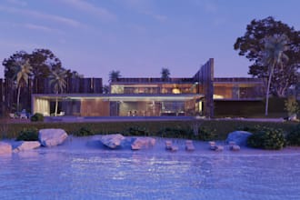 luxurious ultra modern beach villa house,interior vray 3d model,courtyard,facade