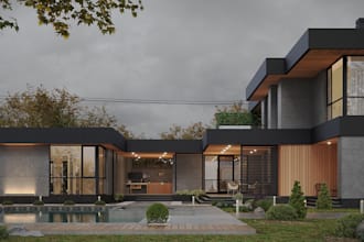 redrenderesign 3d modern house villa, outdoor lounge,landscape garden,cgi patio