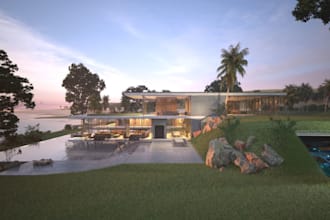craft house exterior scene, modern beach villa,revit forest balcony design, ikea