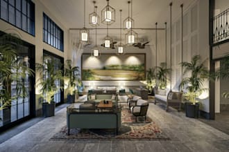 optimize hotel lobby interior design, furniture layout,dialux interior rendering