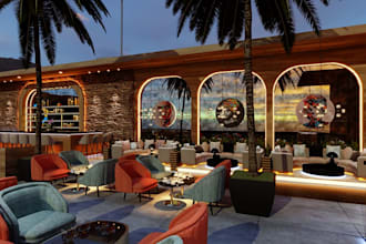 redesign luxury restaurant  rendering, rooftop visualization, bar, resort, cafe