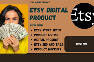 setup etsy digital product shop, etsy digital products, etsy product listing SEO