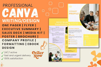 design, write executive summary, company profile, one pager flyers, ebook design