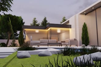 recraft 3d villa house with landscape,exterior patio,3d real estate,garden decor