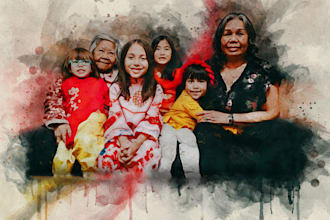 paint a family portrait into a digital watercolor painting using photoshop