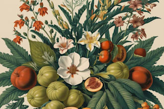 draw botanical illustration of flowers, plants, fruits