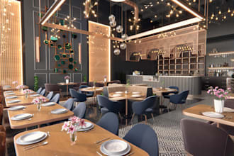 remodel 3d commercial space, cgi modern restaurant pergola render, café design