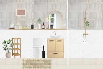 create bathroom moodboard, space concept, shopping list and 2d floor plan