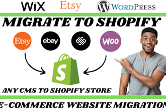 migrate squarespace woocommerce etsy wix  to shopify redesign website store