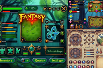 do game app UI design 2d game art, assets icon object maps huds reskin UI