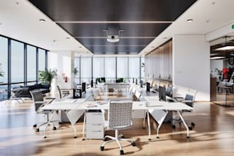retouch 3d office interior design,realisitc workspace, wall interior,site layout
