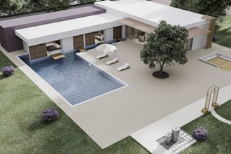 villa backyard render, outdoor design, golf simulator, villa indoor interior,gym