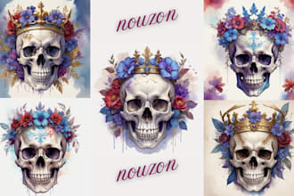 create floral skull tshirt designs with crowns in vibrant watercolor style
