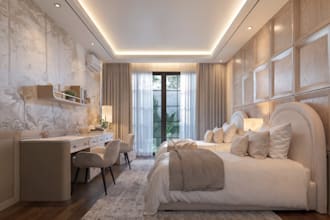 create photorealistic modern luxury bedroom rendering