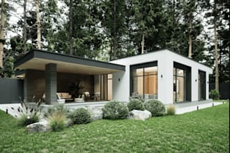 refurnished 3d hill house, cabin, forest house exterior, garden render,yard pool